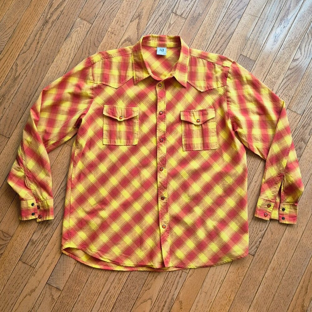Vintage Long Sleeve Pearl Snap Western Shirt Large Red Orange Plaid